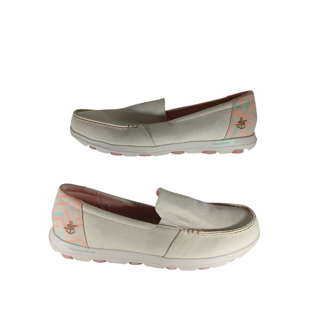 Skechers GoWalk Boat Shoes 11 Natural Cream Pink Chevron Coastal Preppy 136751